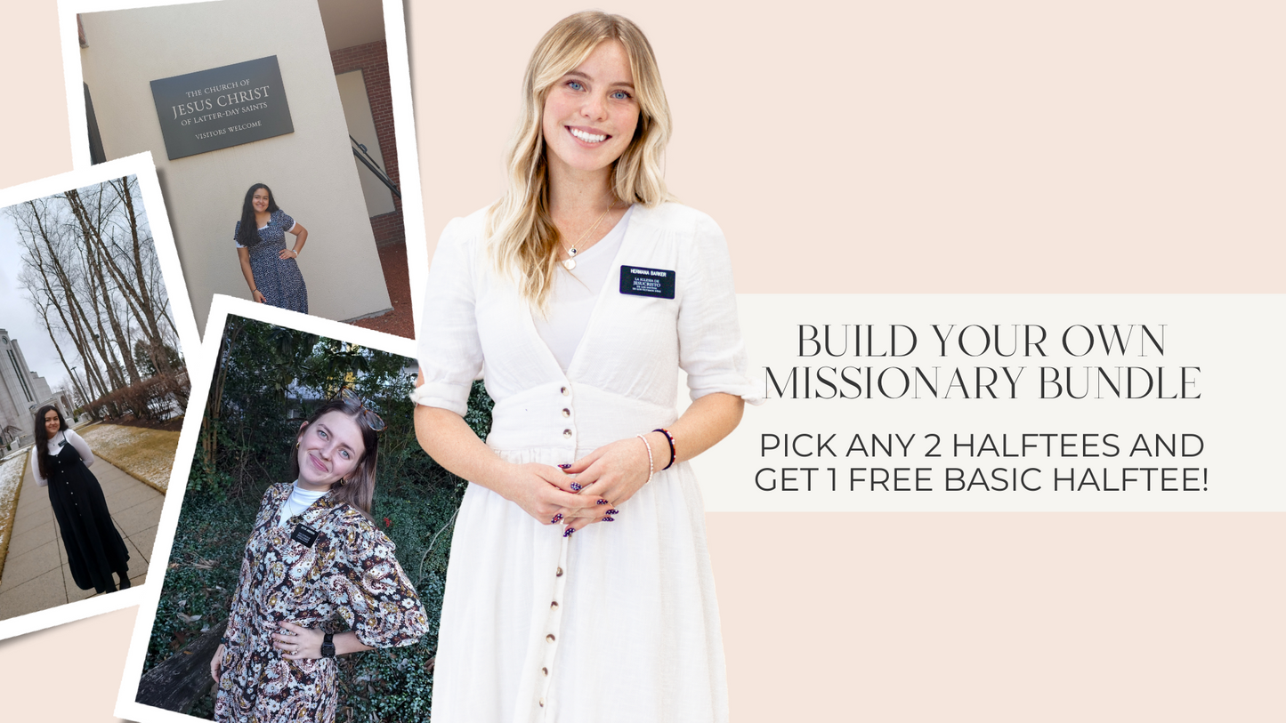 A woman in a white dress wearing a purple badge, promoting the 'Build Your Own Missionary Bundle'.