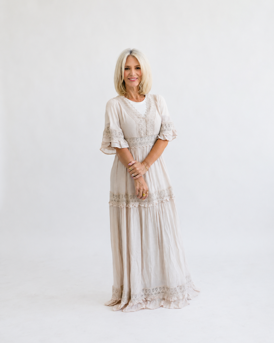 V-NECK LACE TRIM MAXI DRESS