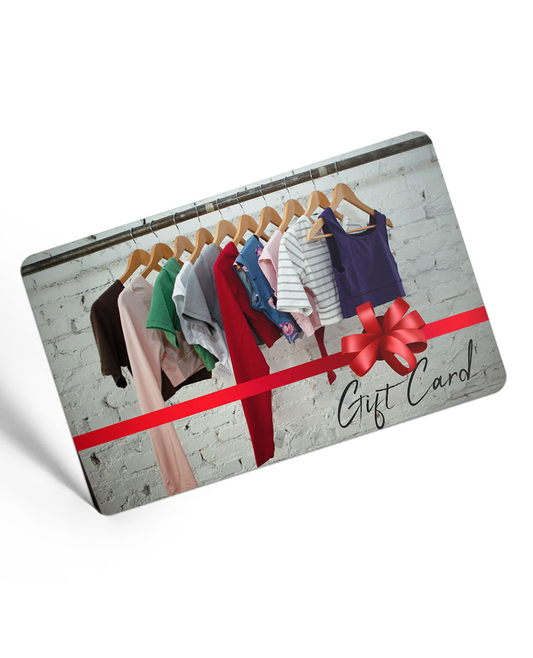 An E-Gift Card with stylish clothes hanging on a rack.