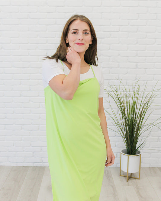 A soft, stretchy knit green dress, Halftee Boyfriend Sliptee.
